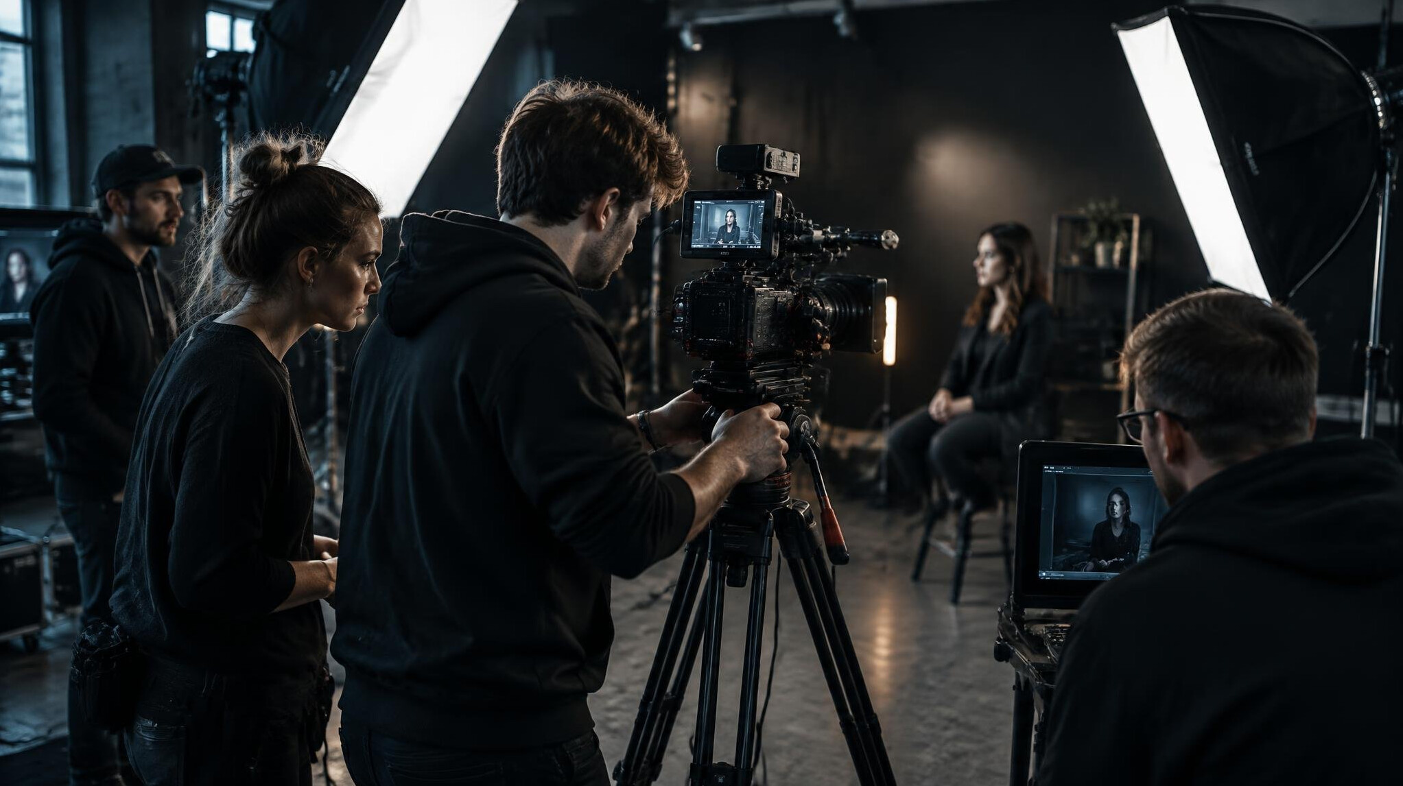 Film crew filming behind the scenes with camera and lights