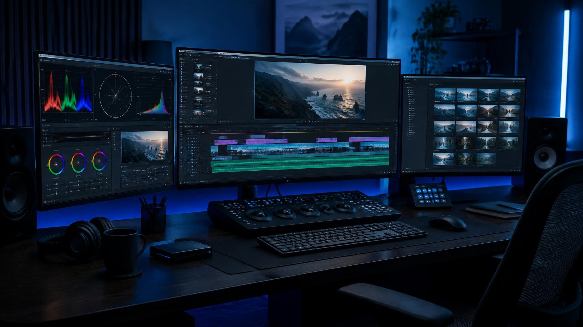 Dark video editing suite with color grading monitors